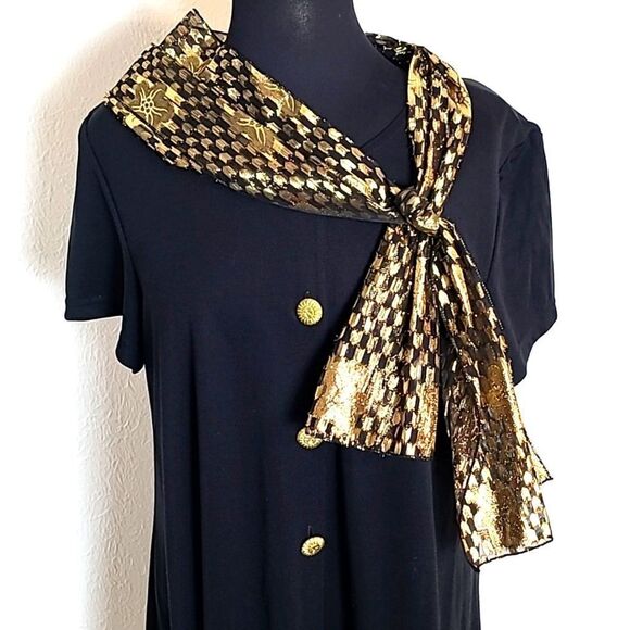 Bedford Fair Black Dress with Gold Buttons & a Gold Shiny Scarf, Size XL-P - Picture 2 of 9